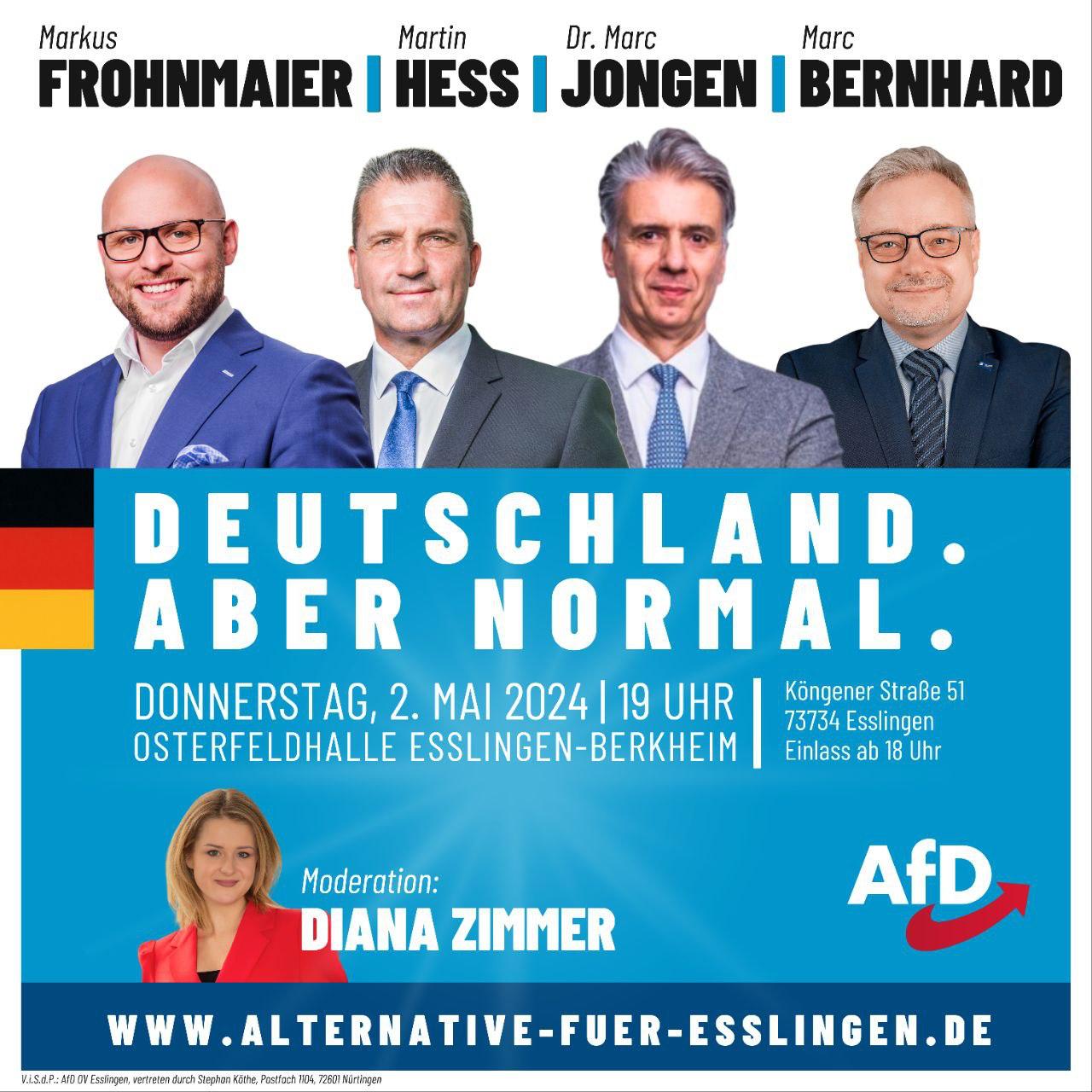 Veranstaltung mit Markus Frohnmaier (Landesvorsitzender), Martin Hess, Dr. Marc Jongen und Marc Bernhard in der Osterfeldhalle Esslingen-Berkheim.